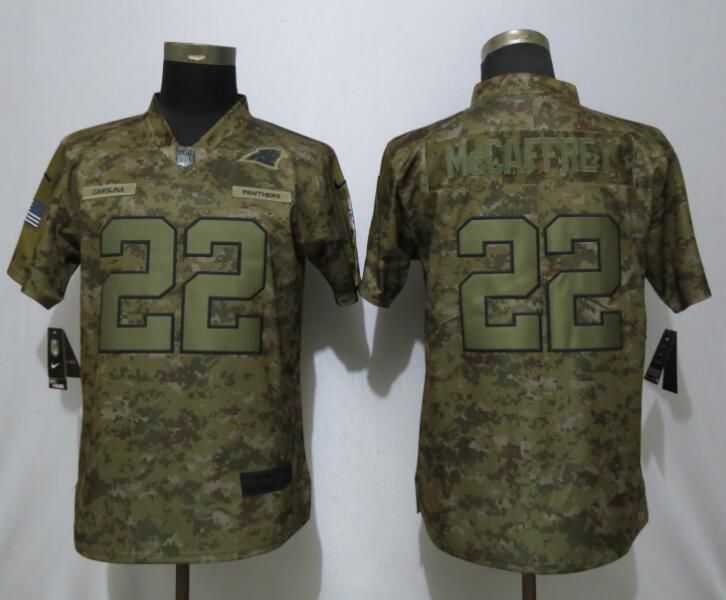 Women Carolina Panthers #22 McCaffrey Nike Camo Salute to Service Limited NFL Jersey